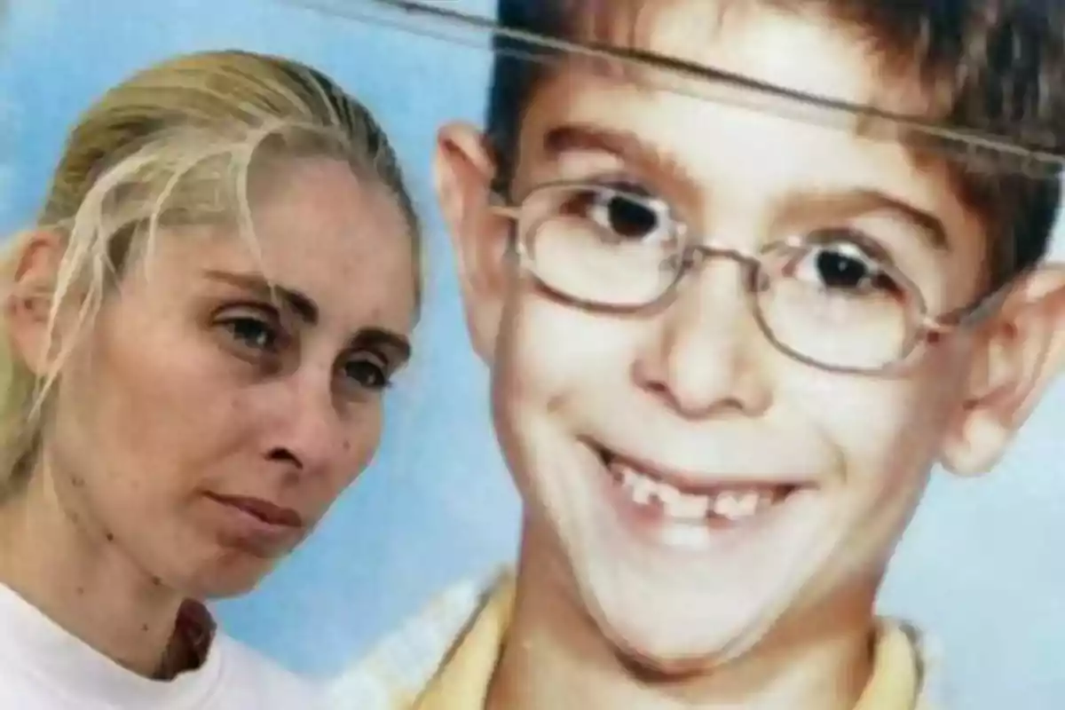 Blonde woman with a serious expression next to an enlarged photograph of a boy with glasses and a smile showing baby teeth