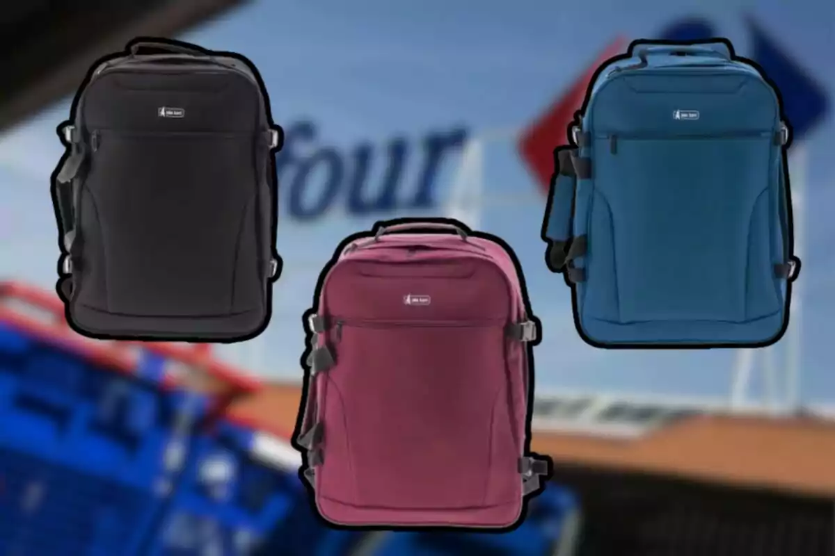 Tres mochilas de diferentes colores negro vino y azul están sobre un fondo desenfocado de un supermercado Tres mochilas de diferentes colores negro vino y azul están sobre un fondo desenfocado de un supermercado