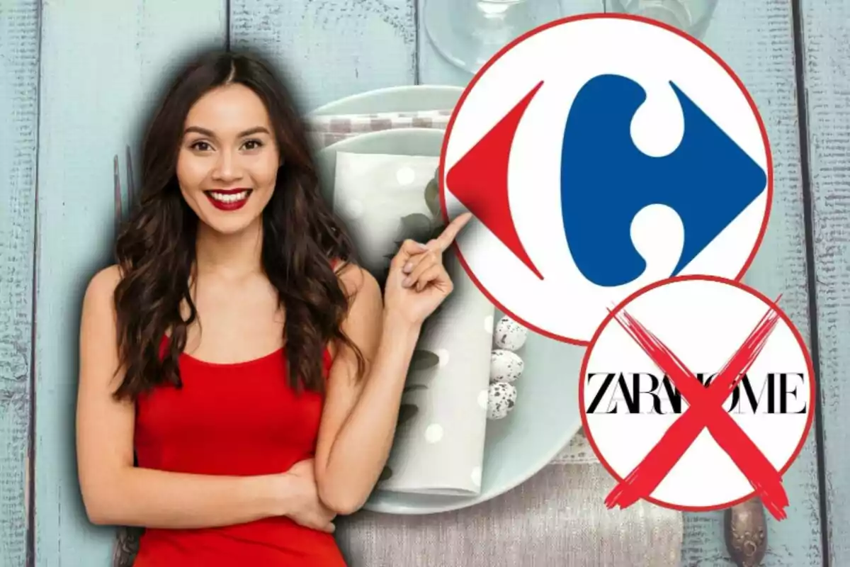 Mujer sonriente con vestido rojo señalando el logo de Carrefour mientras el logo de Zara Home aparece tachado