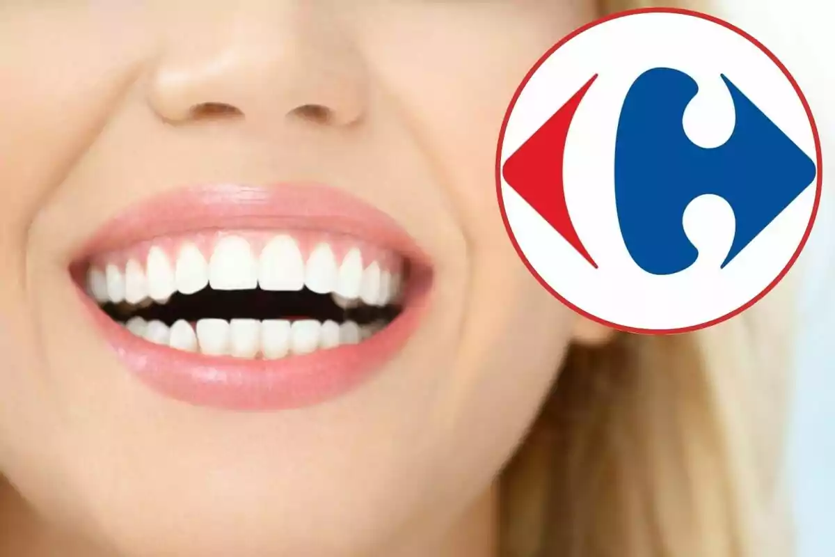 Mujer sonriendo con dientes blancos y el logotipo de Carrefour sobre su rostro Mujer sonriendo con dientes blancos y el logotipo de Carrefour sobre su rostro