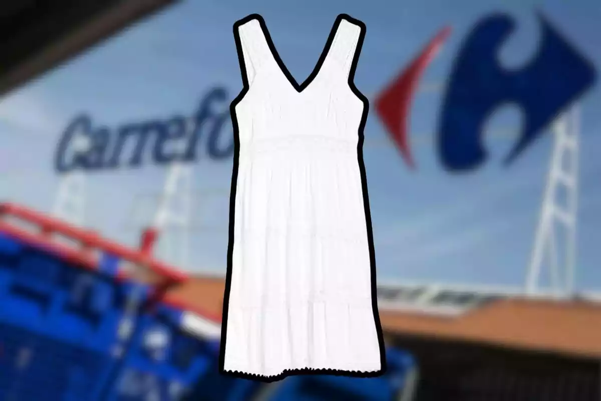 Vestido blanco sin mangas con fondo de tienda Carrefour desenfocado Vestido blanco sin mangas con fondo de tienda Carrefour desenfocado
