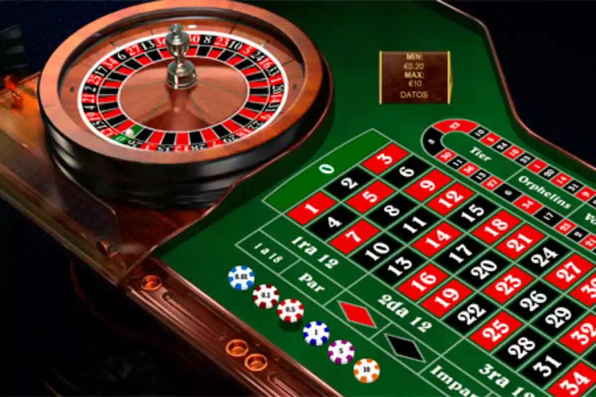 Mesa de ruleta de casino con fichas de diferentes valores y la ruleta girando