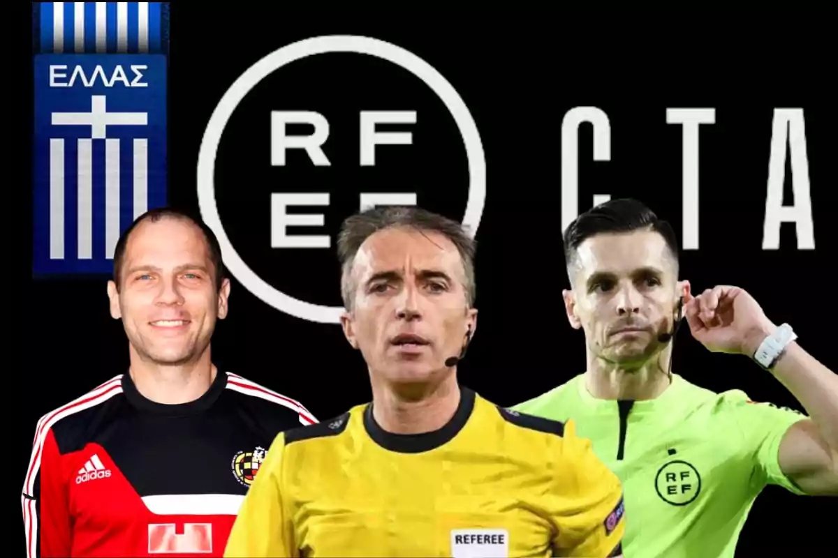 Tres árbitros de fútbol posan frente a un fondo negro con logotipos de federaciones de fútbol de Grecia y España.