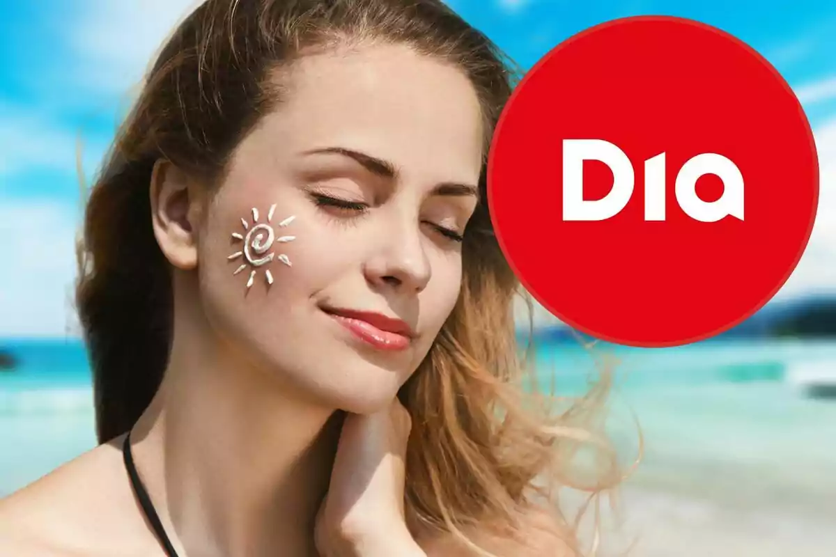 Mujer en la playa con protector solar en forma de sol en la mejilla y un logo rojo de Dia Mujer en la playa con protector solar en forma de sol en la mejilla y un logo rojo de Dia
