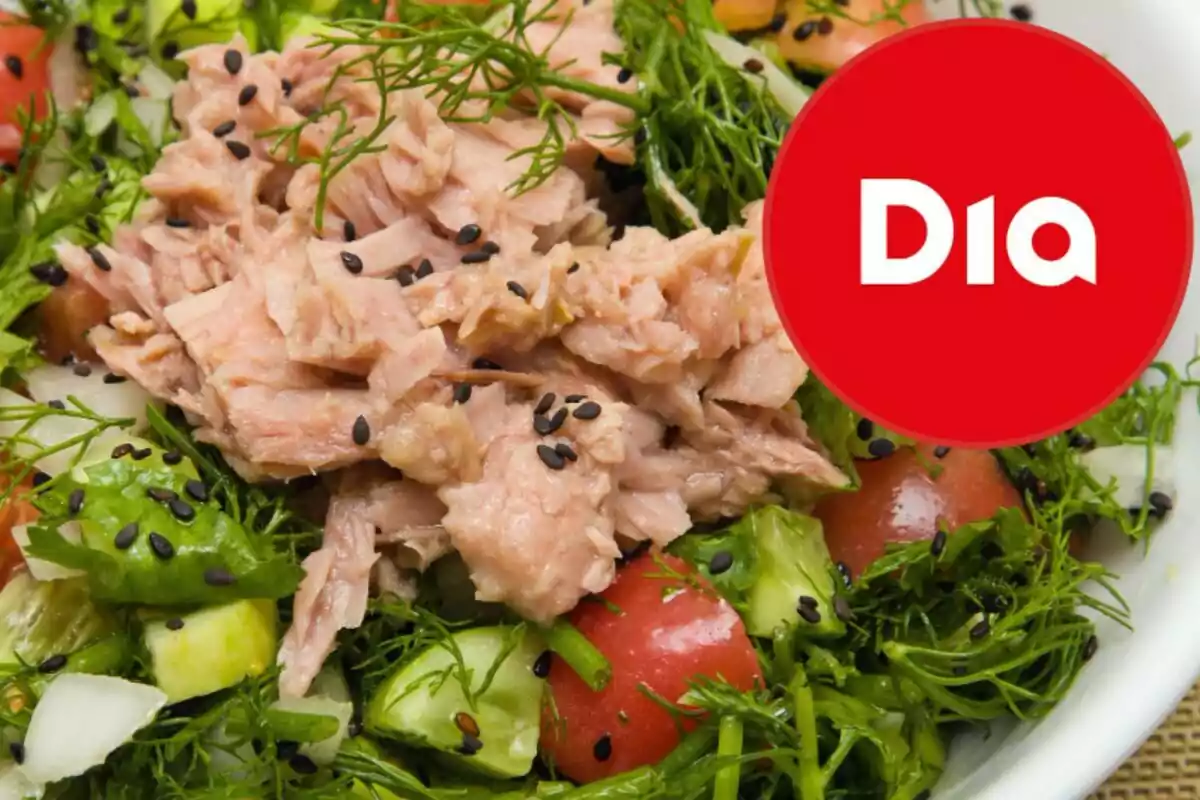 Ensalada fresca con atún, tomate, pepino, lechuga y semillas negras, acompañada del logo de la marca Dia Ensalada fresca con atún, tomate, pepino, lechuga y semillas negras, acompañada del logo de la marca Dia