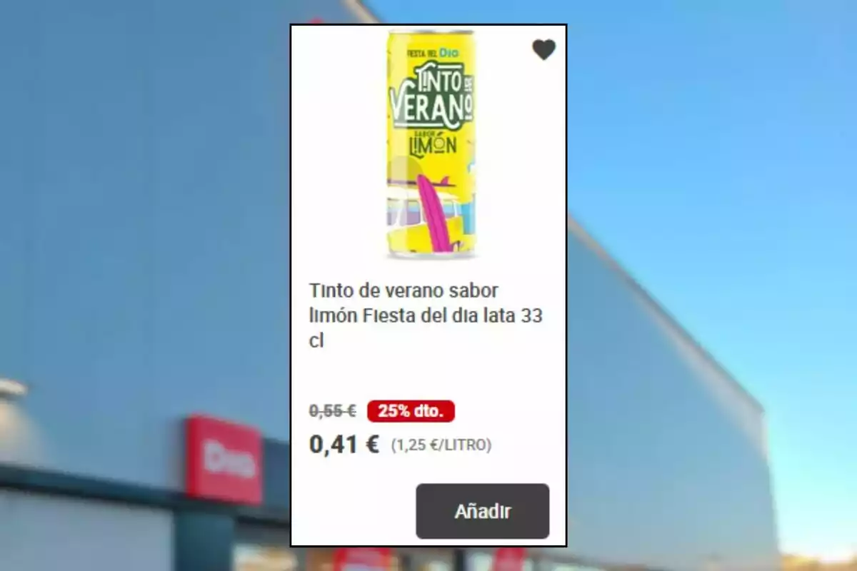 Lata de tinto de verano sabor limón Fiesta del Día de 33 cl en oferta a 0,41 euros con un descuento del 25 por ciento y botón para añadir al carrito Lata de tinto de verano sabor limón Fiesta del Día de 33 cl en oferta a 0,41 euros con un descuento del 25 por ciento y botón para añadir al carrito