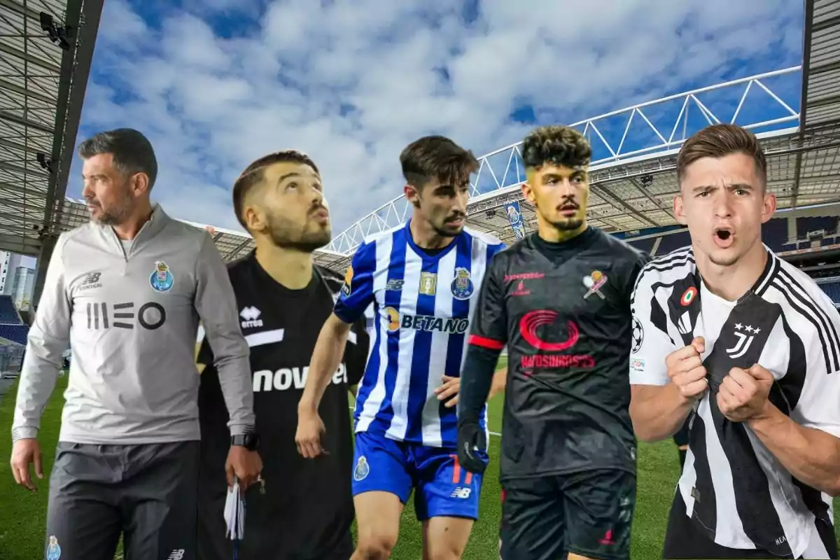 Cinco hombres con uniformes de fútbol y entrenador posan en un estadio con cielo azul de fondo