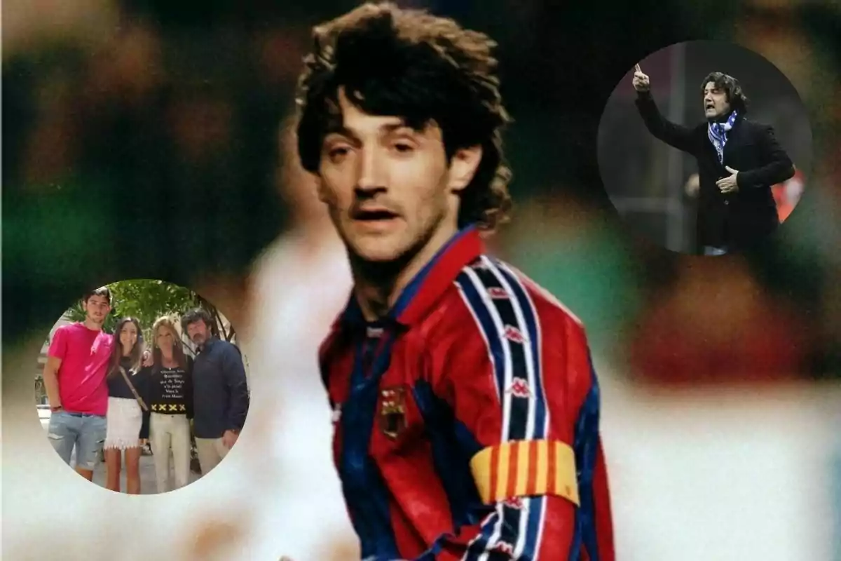 Futbolista con uniforme del Barcelona y brazalete de capitán en el centro, en la esquina superior derecha aparece un hombre dando indicaciones y en la esquina inferior izquierda una familia posando junta