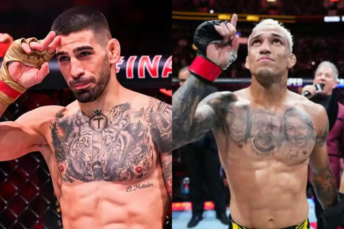 Dos peleadores de artes marciales mixtas posan en el octágono mostrando sus tatuajes en el pecho Dos peleadores de artes marciales mixtas posan en el octágono mostrando sus tatuajes en el pecho