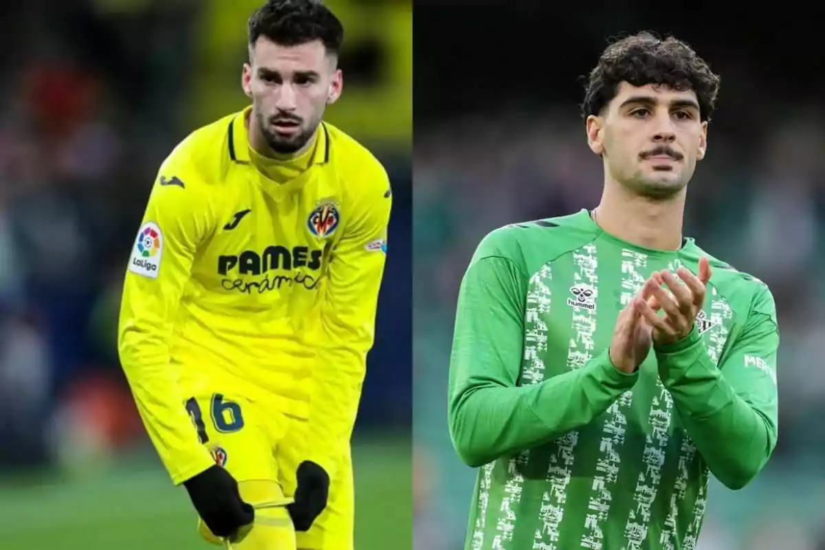 Dos futbolistas en uniforme, uno con el uniforme amarillo del Villarreal y otro con el uniforme verde del Betis, ambos en el campo de juego. Dos futbolistas en uniforme, uno con el uniforme amarillo del Villarreal y otro con el uniforme verde del Betis, ambos en el campo de juego.