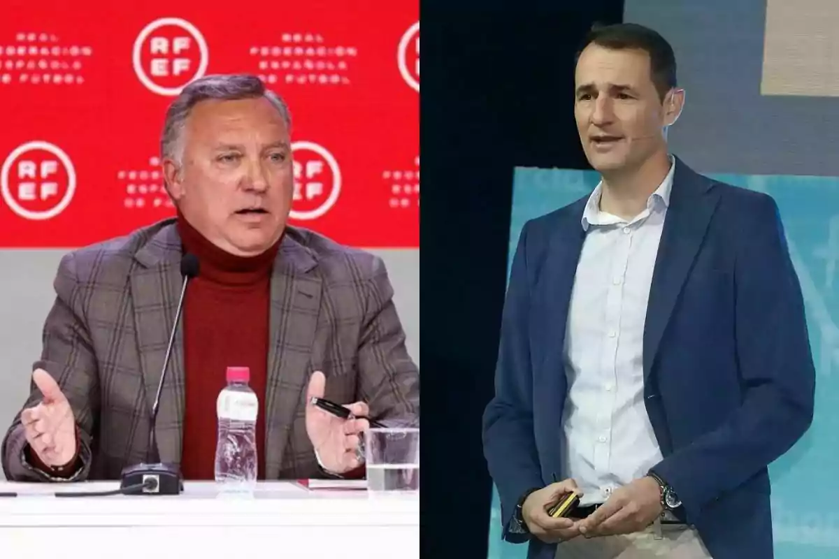 Dos hombres de mediana edad con saco, uno hablando en una conferencia de prensa con fondo rojo y el otro en un escenario con fondo azul Dos hombres de mediana edad con saco, uno hablando en una conferencia de prensa con fondo rojo y el otro en un escenario con fondo azul