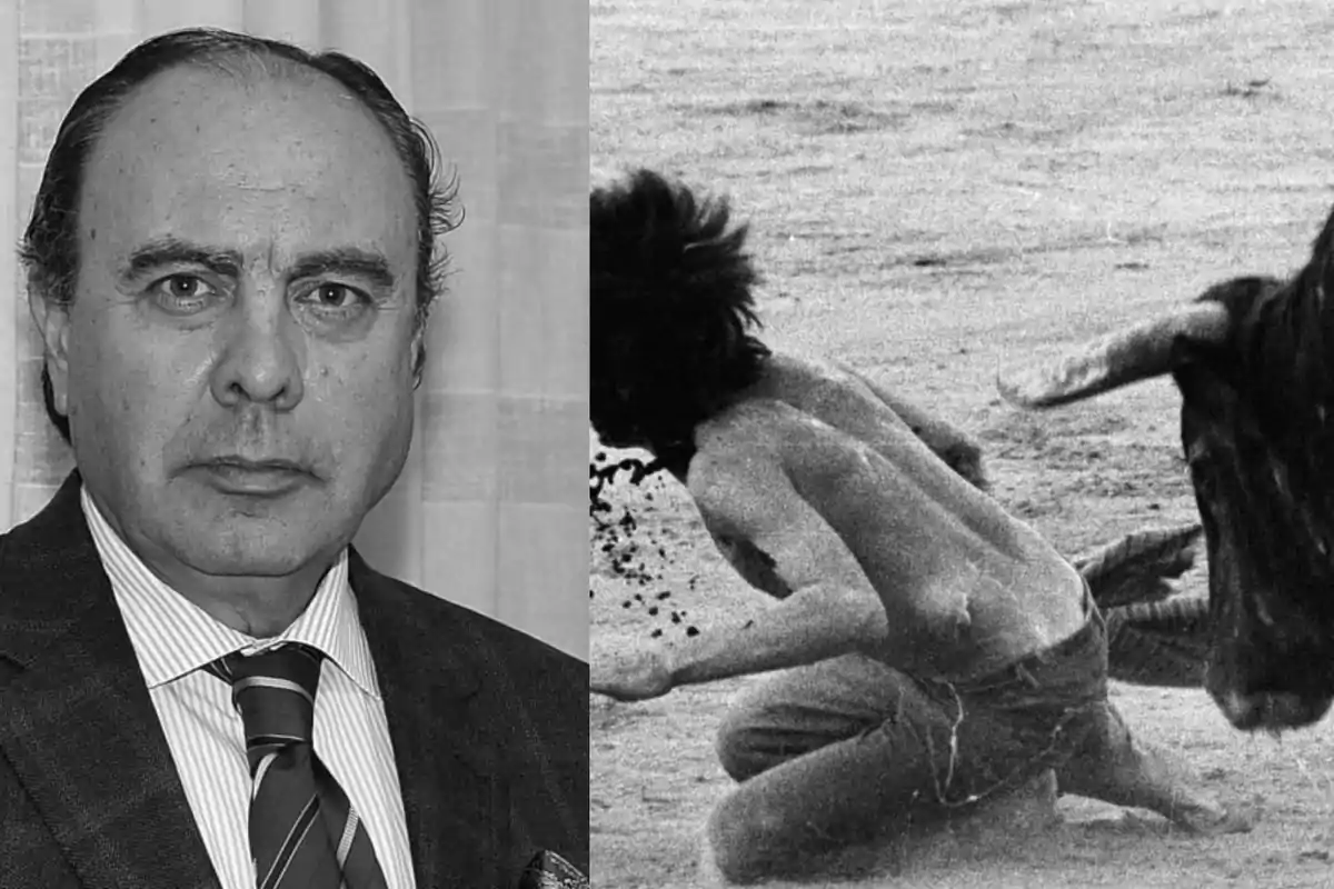 Retrato en blanco y negro de un hombre de traje junto a una imagen histórica de un torero siendo embestido por un toro en una plaza Retrato en blanco y negro de un hombre de traje junto a una imagen histórica de un torero siendo embestido por un toro en una plaza