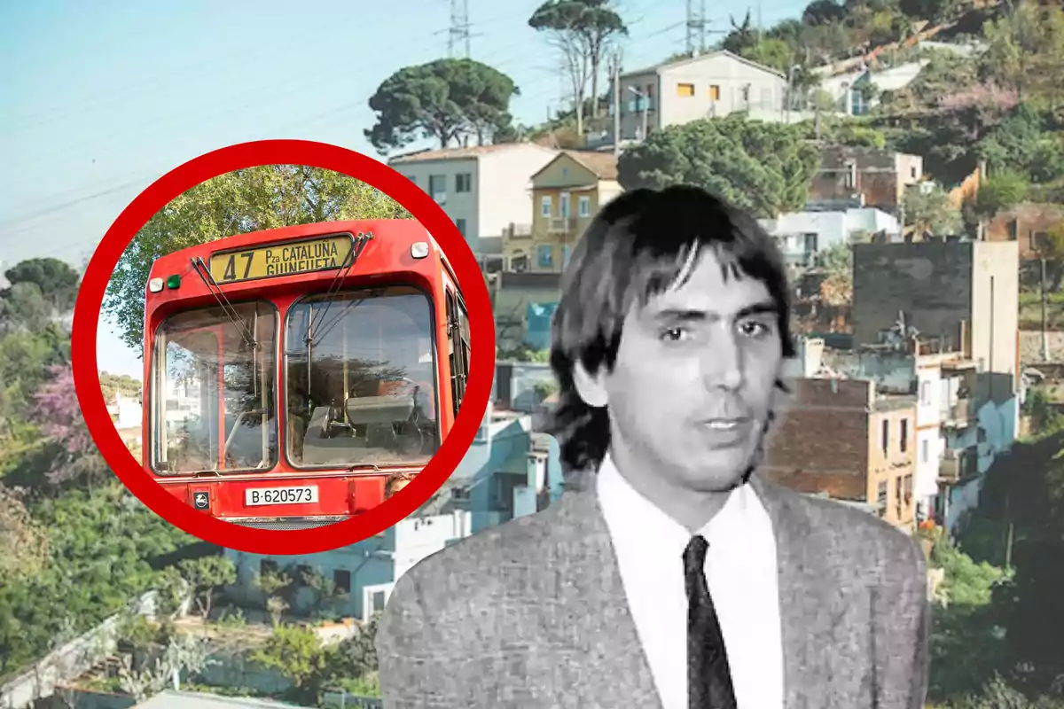 Hombre con traje en primer plano sobre un fondo de casas en una colina y un círculo rojo que resalta un autobús antiguo de la línea 47