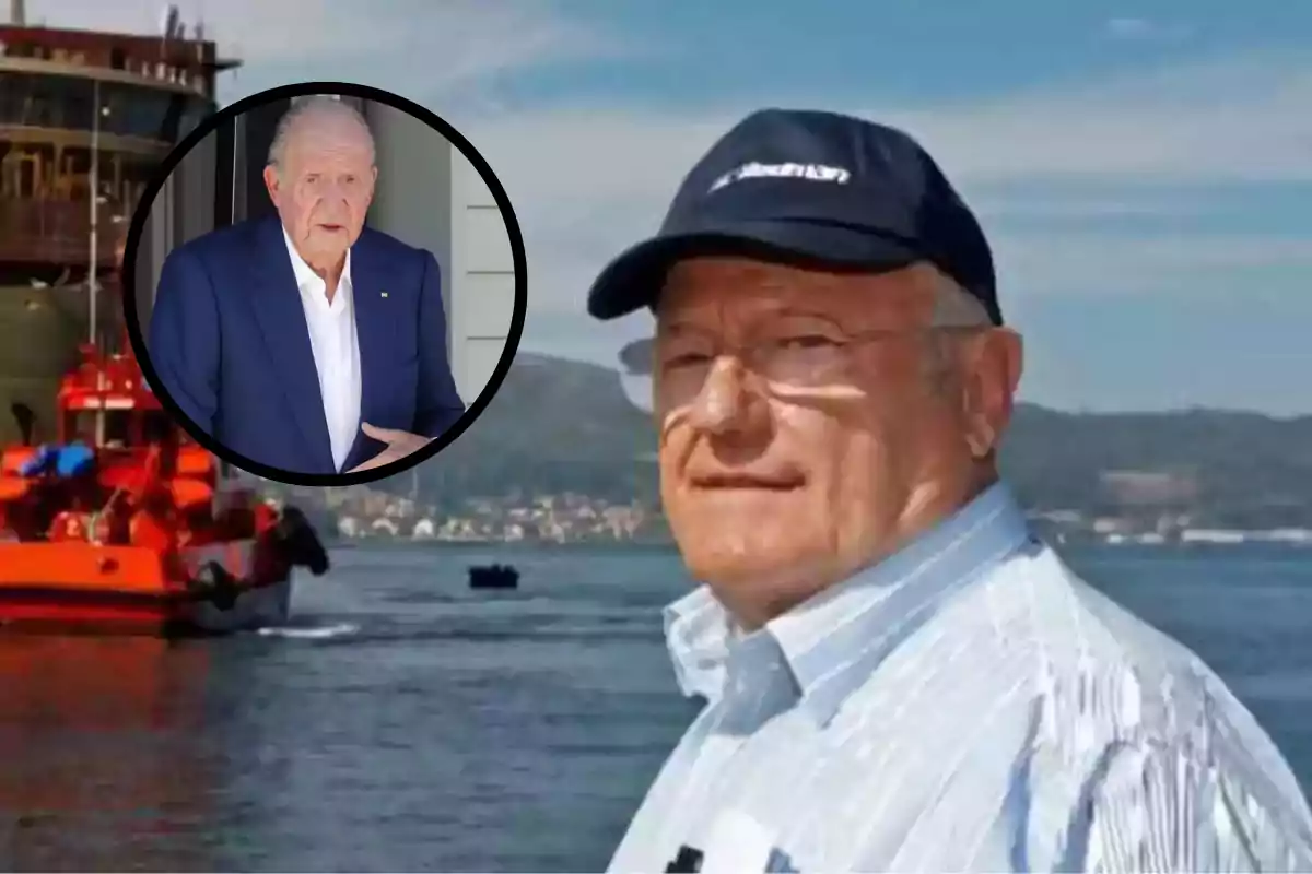 Hombre mayor con gorra y camisa clara posando frente al mar con un barco naranja al fondo y un recuadro circular mostrando a otro hombre mayor con saco azul