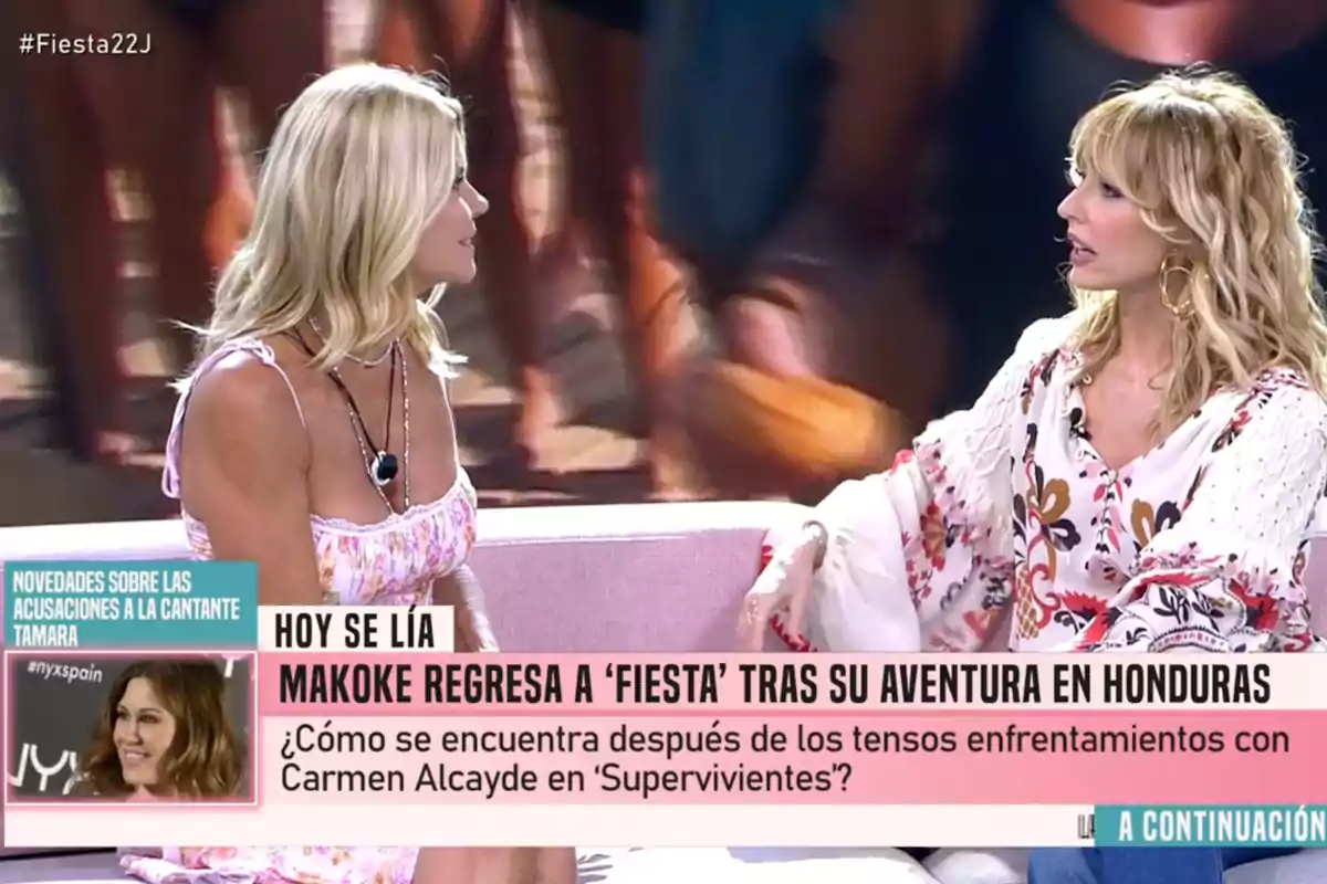 Makoke y Emma García conversan sentadas en un plató de televisión con un rótulo que anuncia el regreso de Makoke al programa Fiesta tras su aventura en Honduras. Captura de 'Fiesta' Makoke y Emma García conversan sentadas en un plató de televisión con un rótulo que anuncia el regreso de Makoke al programa Fiesta tras su aventura en Honduras. Captura de 'Fiesta'