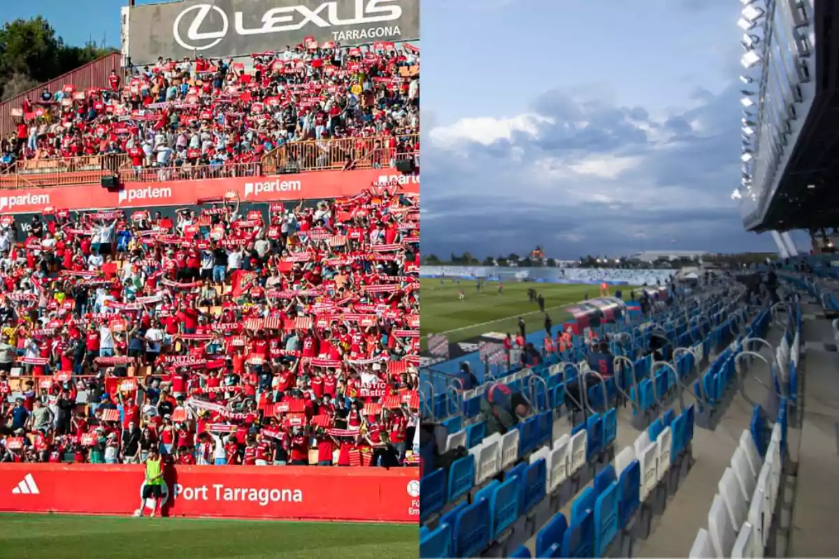 Comparación entre una grada de estadio llena de aficionados con camisetas rojas y bufandas y otra grada casi vacía con asientos azules y blancos durante un partido de fútbol