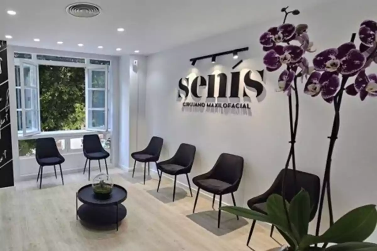 Sala de espera moderna y luminosa con sillas negras, una mesa central, plantas y un letrero en la pared que dice Sala de espera moderna y luminosa con sillas negras, una mesa central, plantas y un letrero en la pared que dice