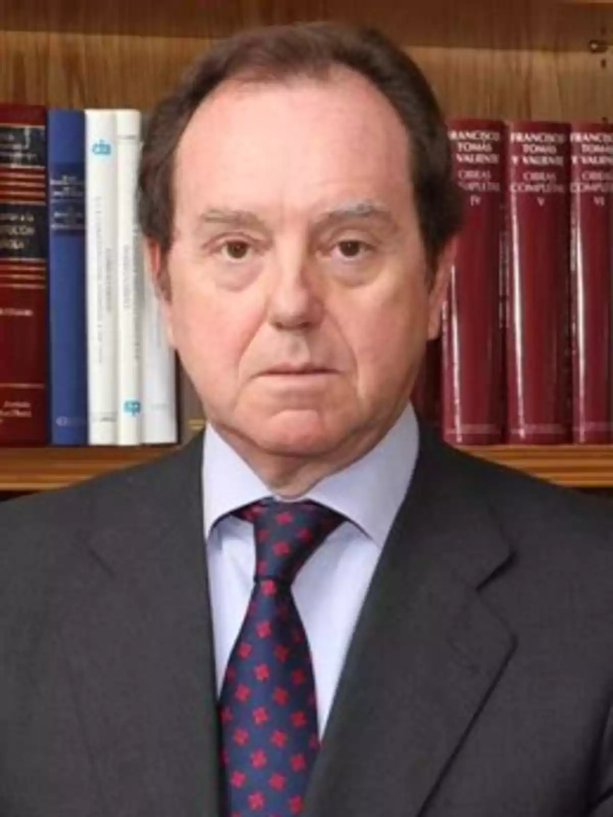 Hombre de mediana edad con traje y corbata posando frente a una estantería con libros Hombre de mediana edad con traje y corbata posando frente a una estantería con libros