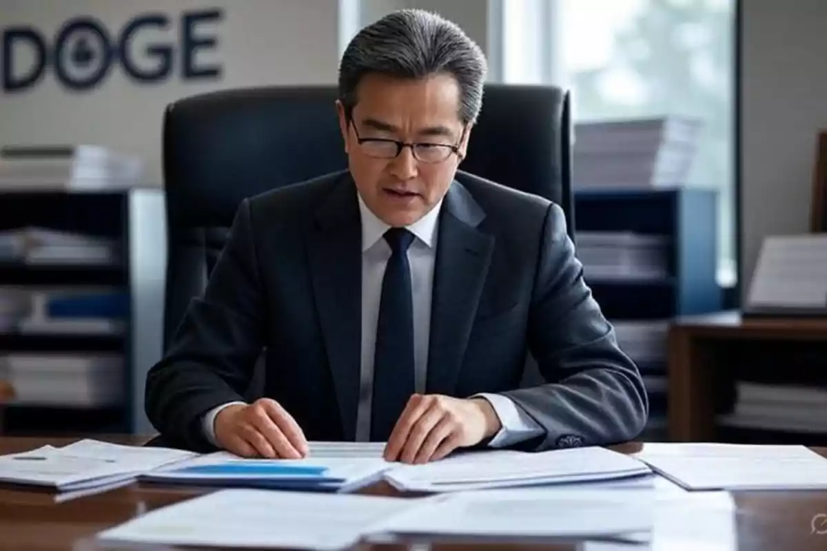 Hombre de traje y gafas revisando documentos en una oficina moderna con estantes y ventanas al fondo