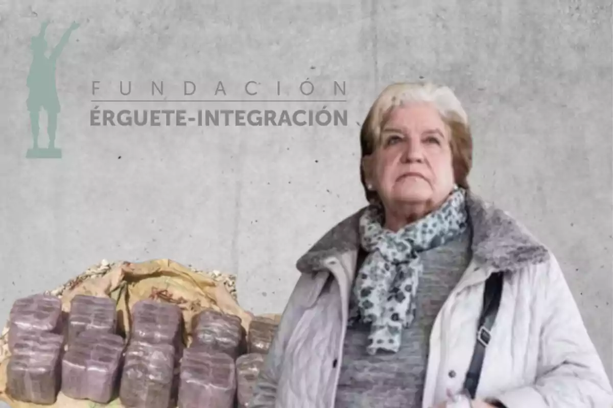 Mujer mayor con bufanda y abrigo claro frente a un fondo gris con el logo de Fundación Érguete-Integración y varios paquetes apilados a su lado