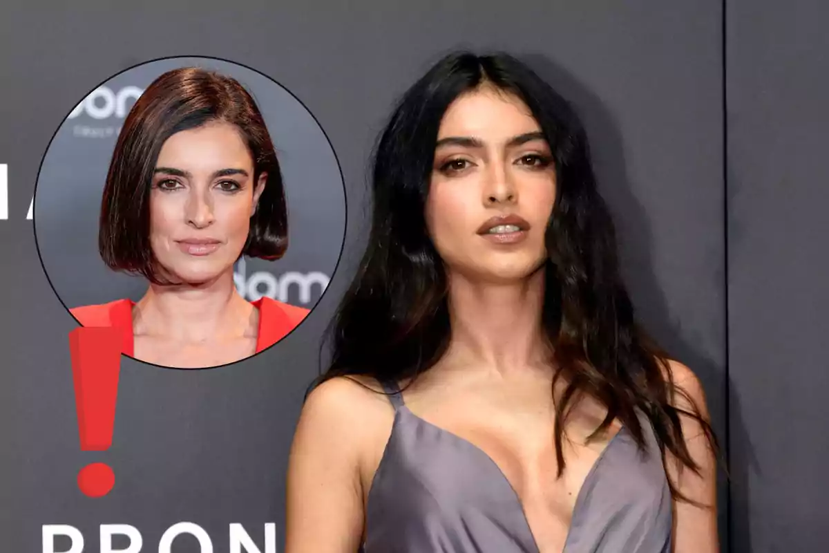 Lucía Rivera y Blanca Romero posan en una alfombra roja, Lucía de cabello largo y oscuro con vestido gris y Blanca de cabello corto en un recuadro circular sobre el fondo