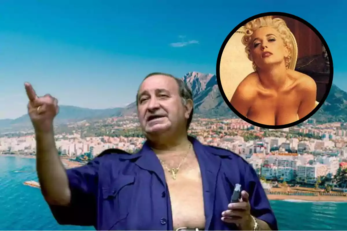 Hombre de mediana edad con camisa abierta y cadena dorada gesticulando frente a una ciudad costera con montañas al fondo, en la esquina superior derecha aparece un círculo con la imagen de una mujer rubia con expresión seria y hombros descubiertos