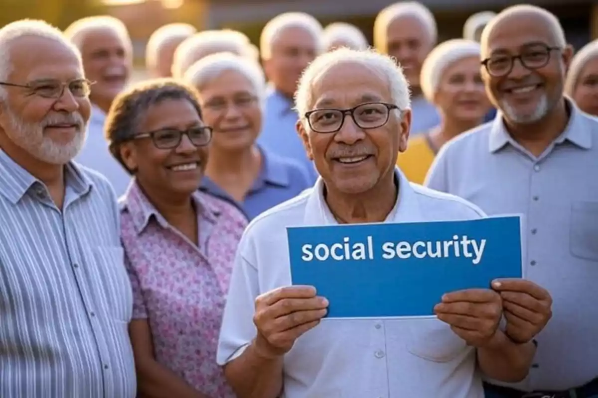 Grupo de personas mayores sonrientes con un hombre al frente sosteniendo un cartel azul que dice social security Grupo de personas mayores sonrientes con un hombre al frente sosteniendo un cartel azul que dice social security
