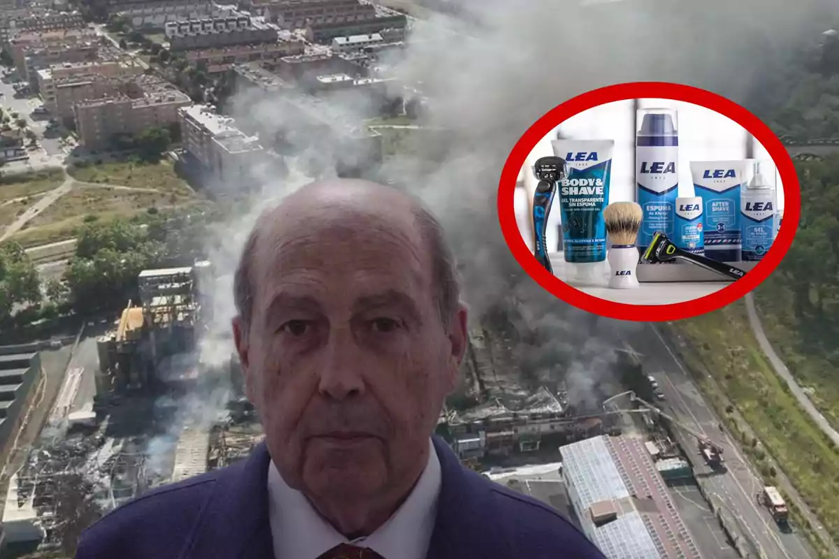 Un hombre mayor en primer plano con expresión seria, al fondo una fábrica en ruinas con humo y destrucción, y en la esquina superior derecha un círculo rojo que contiene varios productos de afeitado de la marca LEA.