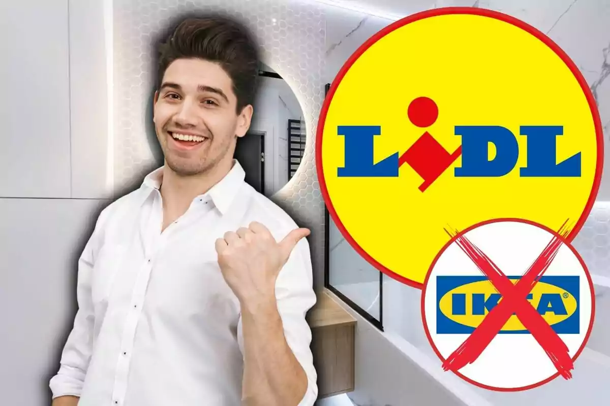 Hombre sonriente señalando el logo de Lidl mientras el logo de Ikea aparece tachado