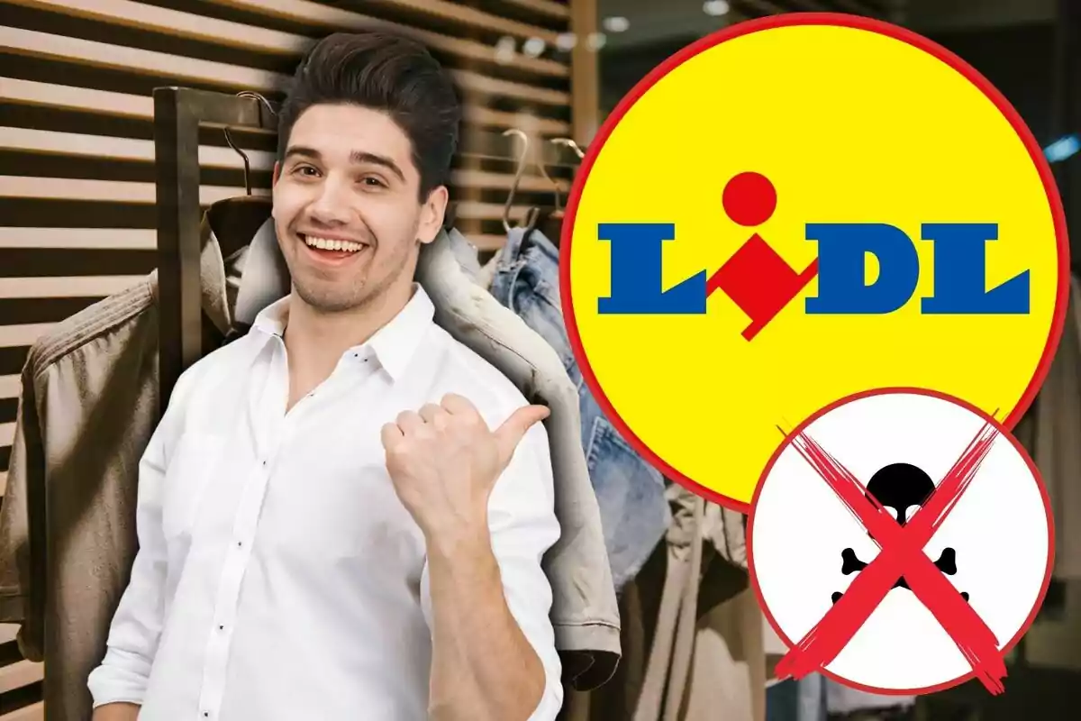 Hombre sonriente señalando hacia los logotipos de Lidl y un símbolo de veneno tachado