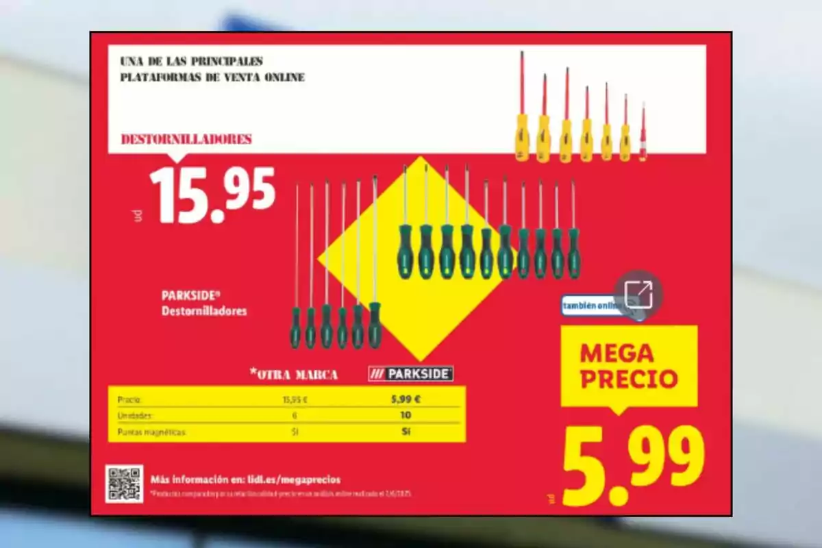 Publicidad de destornilladores Parkside y otra marca con precios destacados de 15,95 y 5,99 euros sobre fondo rojo y amarillo Publicidad de destornilladores Parkside y otra marca con precios destacados de 15,95 y 5,99 euros sobre fondo rojo y amarillo