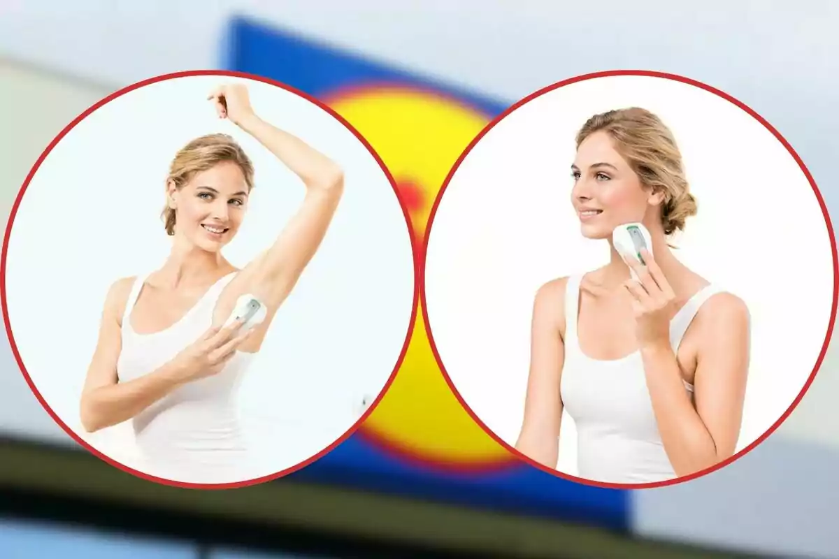 Mujer usando un dispositivo de depilación en la axila y en el rostro, ambas imágenes enmarcadas en círculos sobre un fondo desenfocado Mujer usando un dispositivo de depilación en la axila y en el rostro, ambas imágenes enmarcadas en círculos sobre un fondo desenfocado