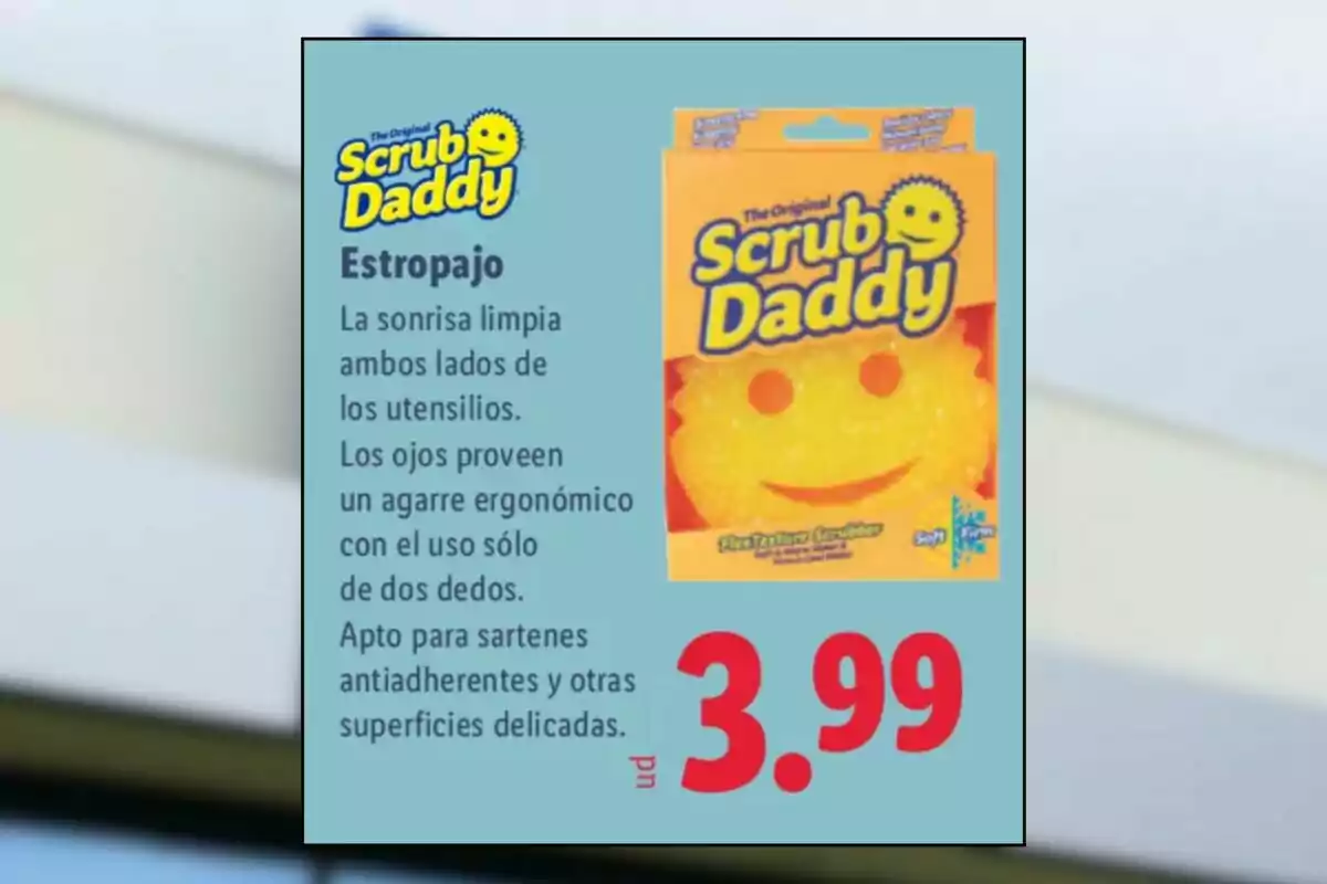 Publicidad de un estropajo Scrub Daddy con empaque amarillo sonriente y precio de 3.99 euros Publicidad de un estropajo Scrub Daddy con empaque amarillo sonriente y precio de 3.99 euros