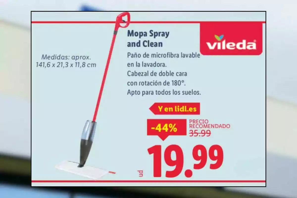 Oferta de una mopa spray Vileda con paño de microfibra lavable, cabezal de doble cara y rotación de 180 grados, apta para todos los suelos, con un precio rebajado a 19,99 euros en Lidl Oferta de una mopa spray Vileda con paño de microfibra lavable, cabezal de doble cara y rotación de 180 grados, apta para todos los suelos, con un precio rebajado a 19,99 euros en Lidl