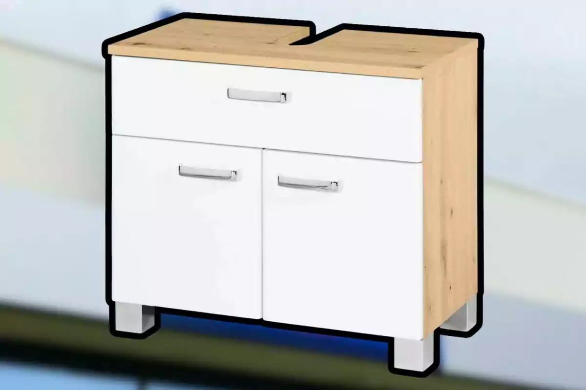 Mueble de baño con acabado en madera clara y puertas blancas, diseñado con espacio para lavabo y patas metálicas Mueble de baño con acabado en madera clara y puertas blancas, diseñado con espacio para lavabo y patas metálicas