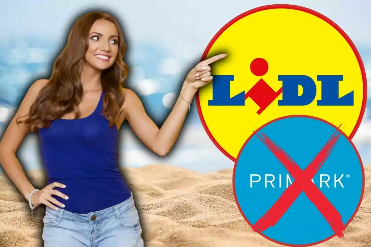 Mujer sonriente con camiseta azul señala el logo de Lidl mientras el logo de Primark aparece tachado con una X roja sobre un fondo de playa desenfocado