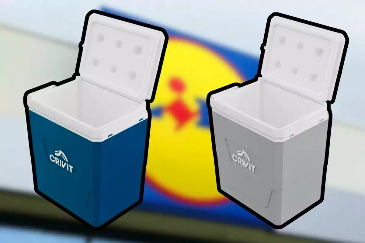 Dos neveras portátiles de la marca Crivit, una azul y una gris, con el fondo desenfocado de un logotipo de supermercado. Dos neveras portátiles de la marca Crivit, una azul y una gris, con el fondo desenfocado de un logotipo de supermercado.