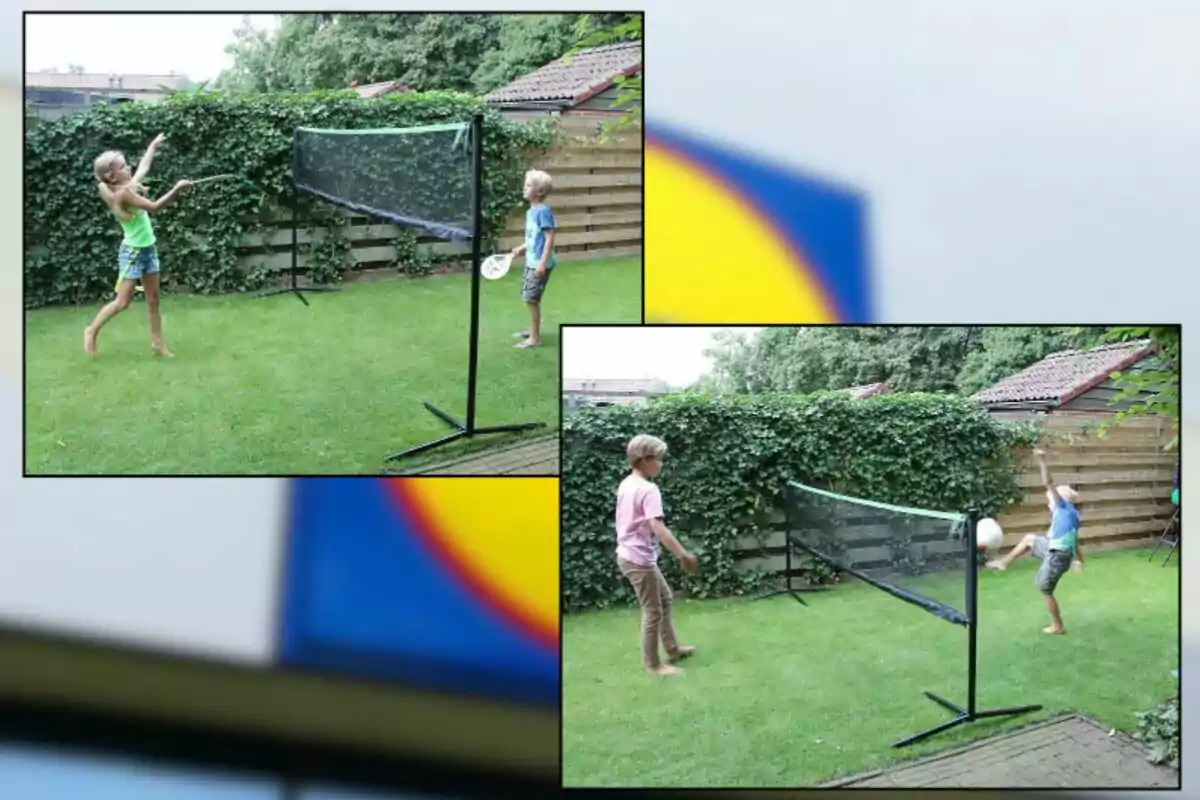 Dos niños juegan en el jardín con una red portátil, uno usa raqueta y el otro patea un balón Dos niños juegan en el jardín con una red portátil, uno usa raqueta y el otro patea un balón
