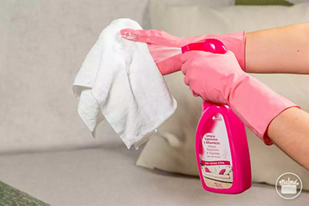 Persona con guantes rosas rociando limpiatapicerías de Mercadona en un trapo blanco frente a un sofá. Persona con guantes rosas rociando limpiatapicerías de Mercadona en un trapo blanco frente a un sofá.