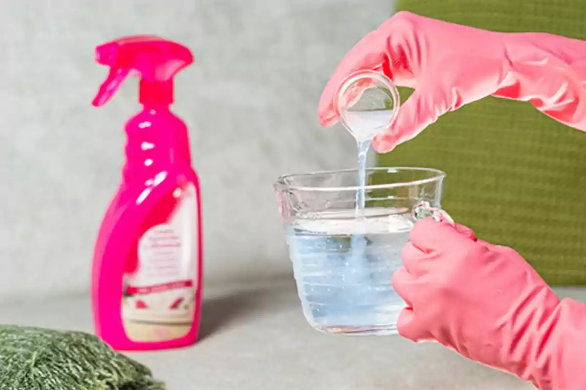 Persona con guantes rosas vierte líquido en una jarra de vidrio junto a un limpiatapicerías rosa de Lidl y un trapo verde al lado. Persona con guantes rosas vierte líquido en una jarra de vidrio junto a un limpiatapicerías rosa de Lidl y un trapo verde al lado.