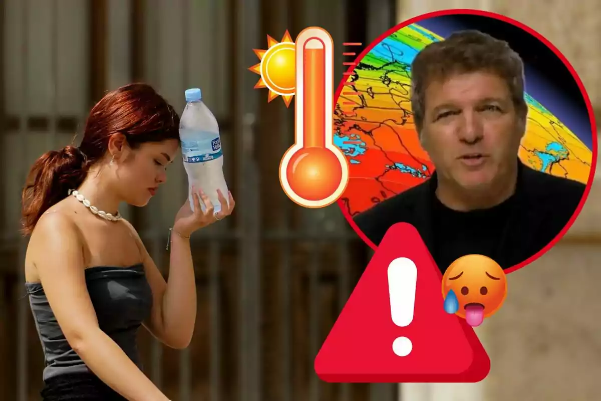 Una joven se refresca con una botella de agua fría en la cabeza mientras aparecen gráficos de calor extremo, un termómetro, un mapa de temperaturas y un símbolo de advertencia. Una joven se refresca con una botella de agua fría en la cabeza mientras aparecen gráficos de calor extremo, un termómetro, un mapa de temperaturas y un símbolo de advertencia.