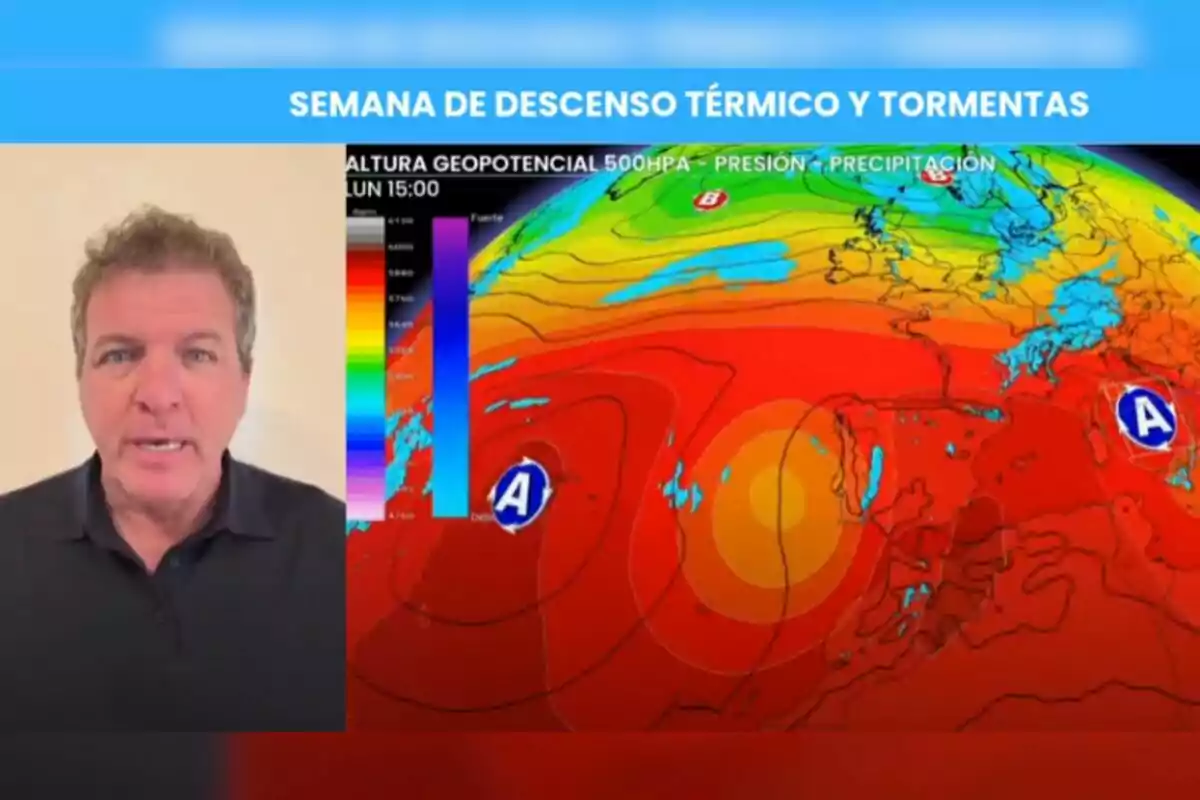 Mario Picazo explicando el pronóstico del tiempo junto a un mapa meteorológico colorido con texto en la parte superior que dice semana de descenso térmico y tormentas. Mario Picazo explicando el pronóstico del tiempo junto a un mapa meteorológico colorido con texto en la parte superior que dice semana de descenso térmico y tormentas.