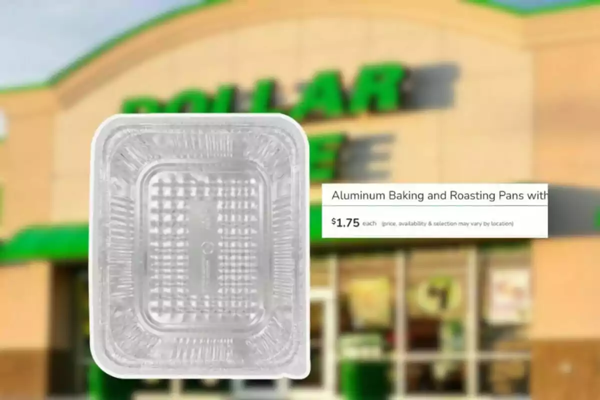 Charola de aluminio para hornear con precio de 1.75 dólares frente a una tienda Dollar Tree desenfocada Charola de aluminio para hornear con precio de 1.75 dólares frente a una tienda Dollar Tree desenfocada