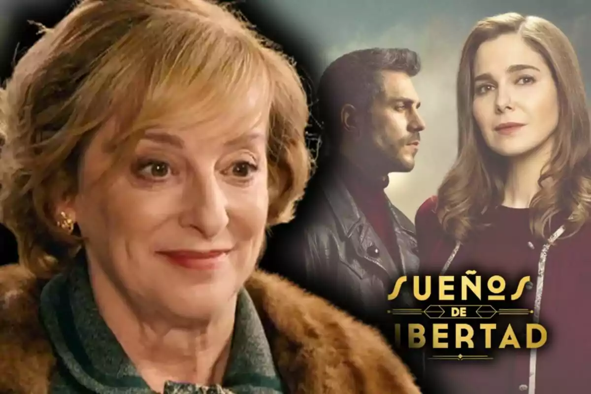 Montaje de fotos de Ana Labordeta sonriente en primer plano mientras al fondo aparecen dos personas y el título 'Sueños de Libertad'.