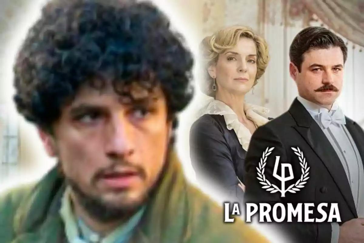 Tres personajes de la serie La Promesa aparecen en la imagen, uno en primer plano con expresión seria -que es Álvaro Quintana- y dos al fondo vestidos de época junto al logo de la serie.