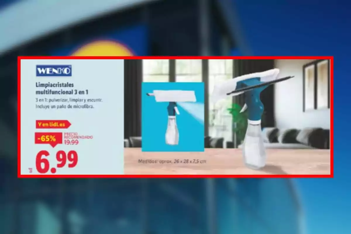 Publicidad de un limpiacristales multifuncional 3 en 1 de la marca Wenko con precio rebajado a 6,99 euros en Lidl, incluye imagen del producto y descripción de sus funciones. Publicidad de un limpiacristales multifuncional 3 en 1 de la marca Wenko con precio rebajado a 6,99 euros en Lidl, incluye imagen del producto y descripción de sus funciones.