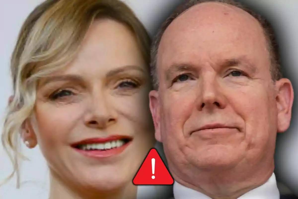 Montaje de fotos de primer plano de Charlene y Alberto de Mónaco, ambos con expresiones serias y una señal de advertencia roja con un signo de exclamación en el centro de la imagen.
