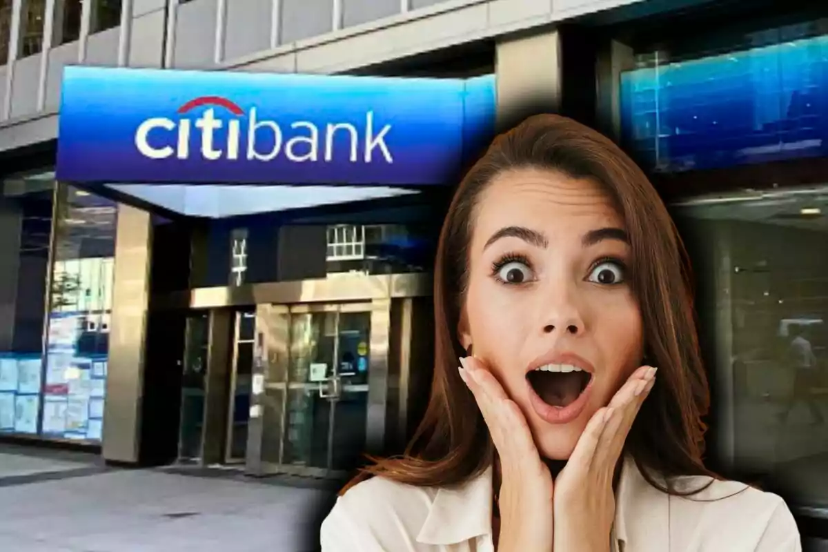 Woman with a surprised expression in front of the entrance to a Citibank branch. Woman with a surprised expression in front of the entrance to a Citibank branch.
