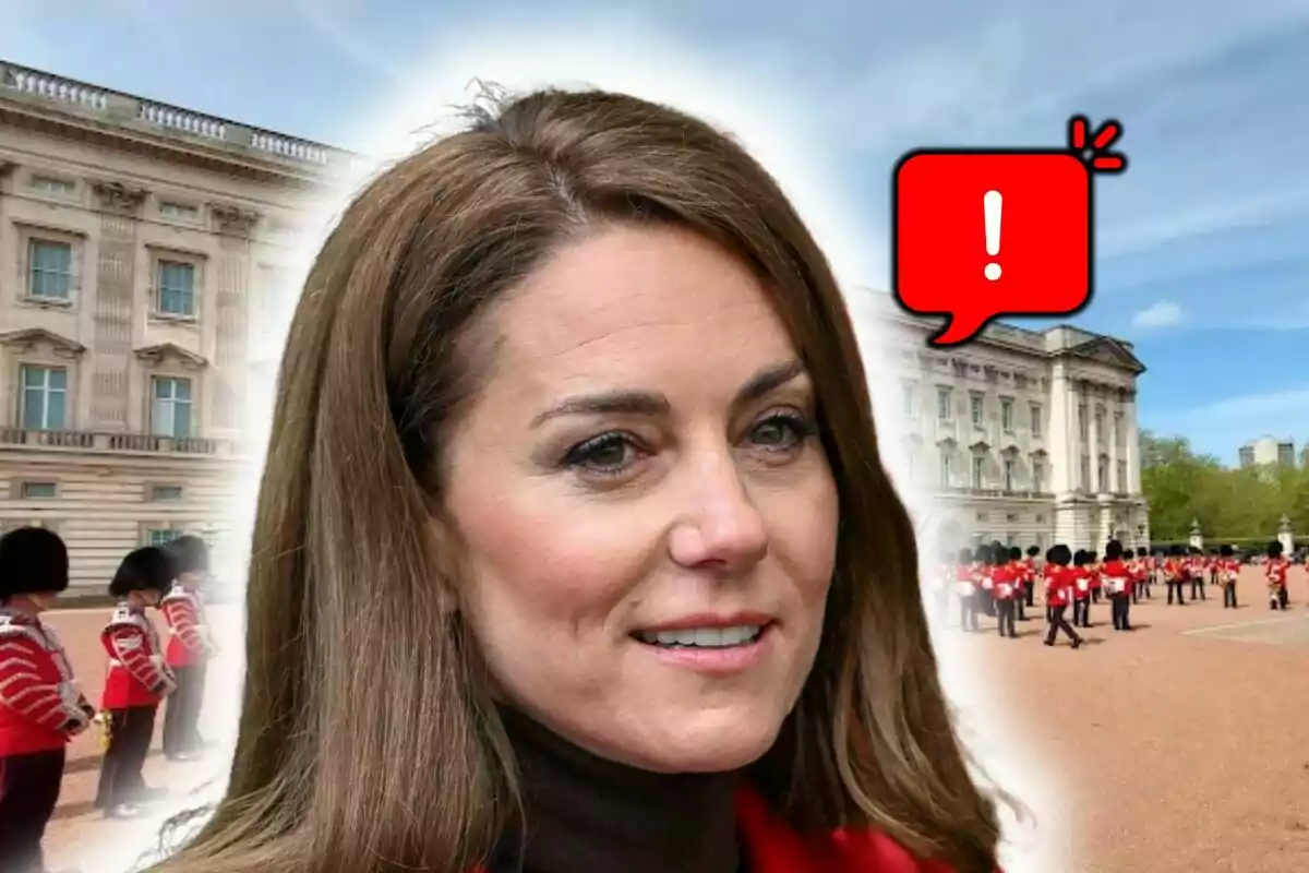 Kate Middleton in the foreground in front of Buckingham Palace with guards and a red warning icon.