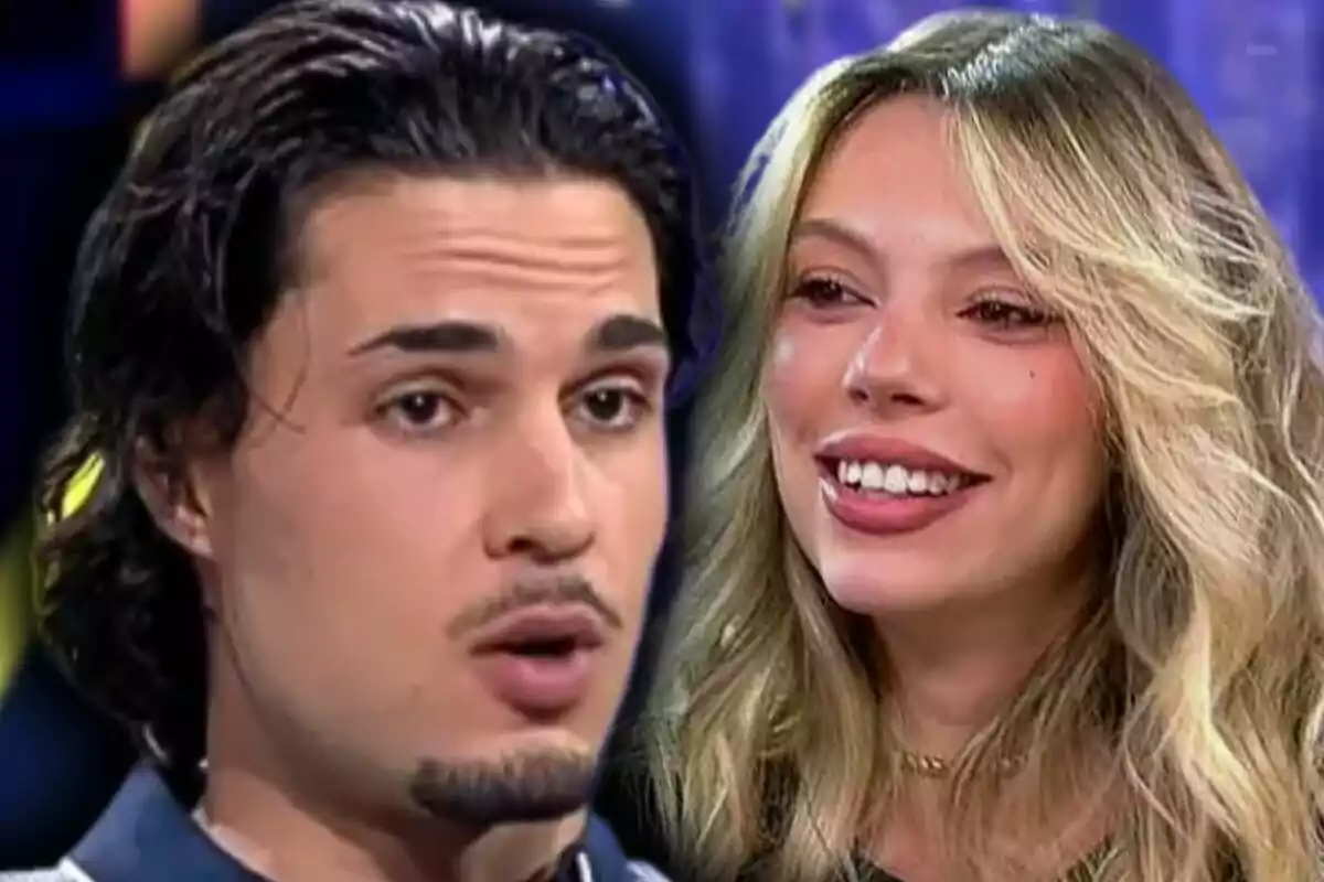 Montaje de fotos de primer plano de Carlo Costanzia serio y Alejandra Rubio sonriente.